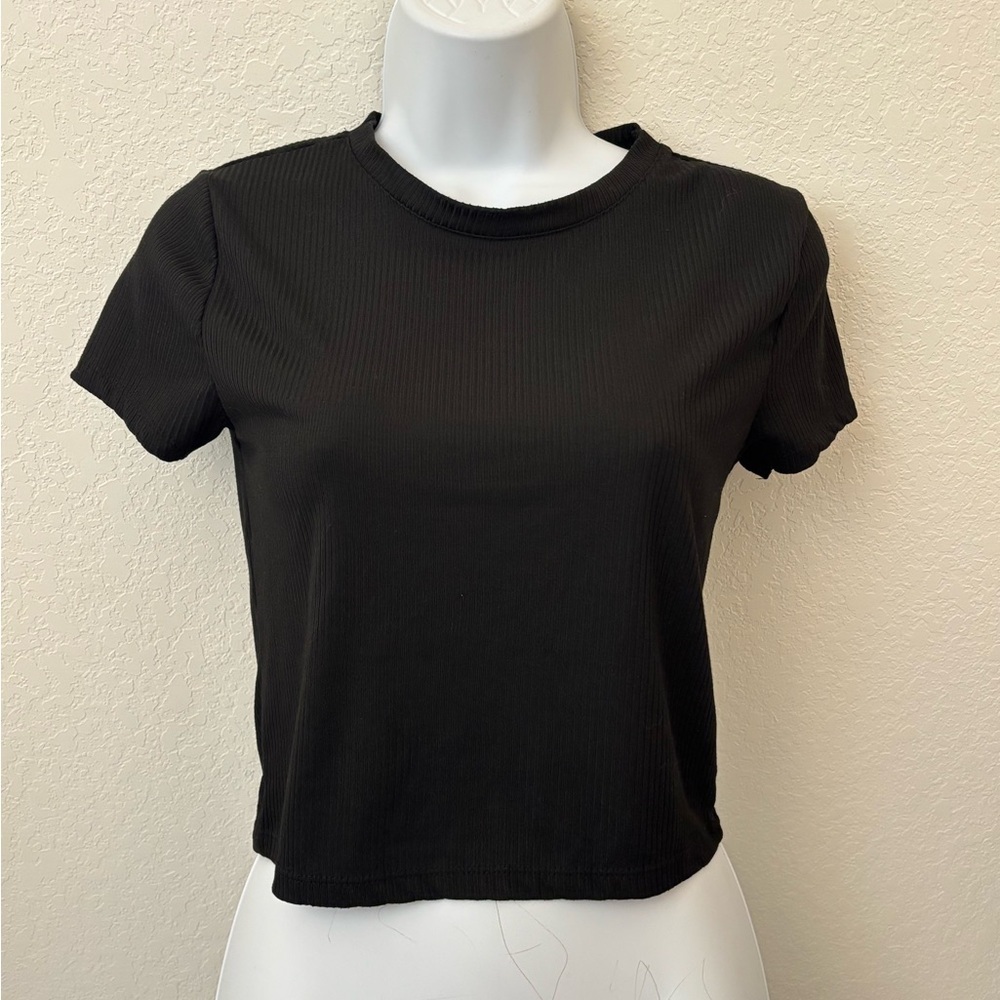 Splash Short Sleeve Pullover Top Women’s L Black Ribbed Short Sleeve Blouse